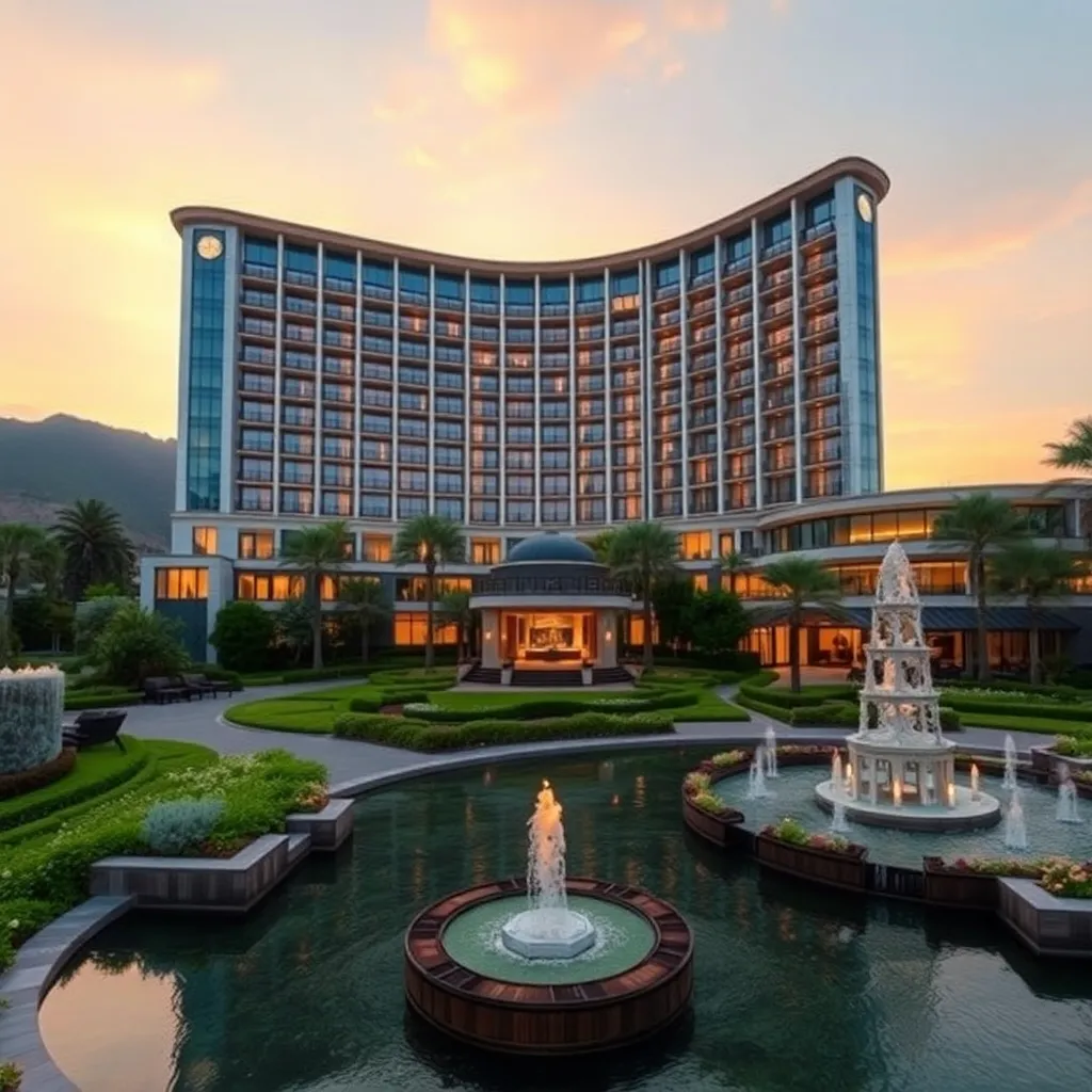 Elegant hotel exterior with modern architecture, lush landscaping, and water features at sunset