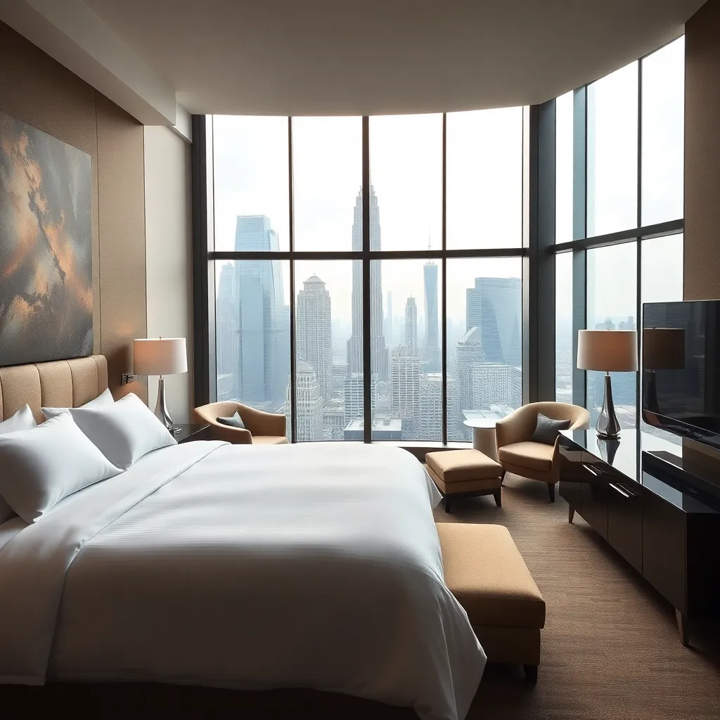 Deluxe king room with plush bedding, modern furniture, and city skyline view through floor-to-ceiling windows