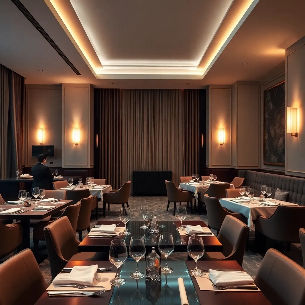 Elegant hotel restaurant with modern decor, ambient lighting, and sophisticated dining setup