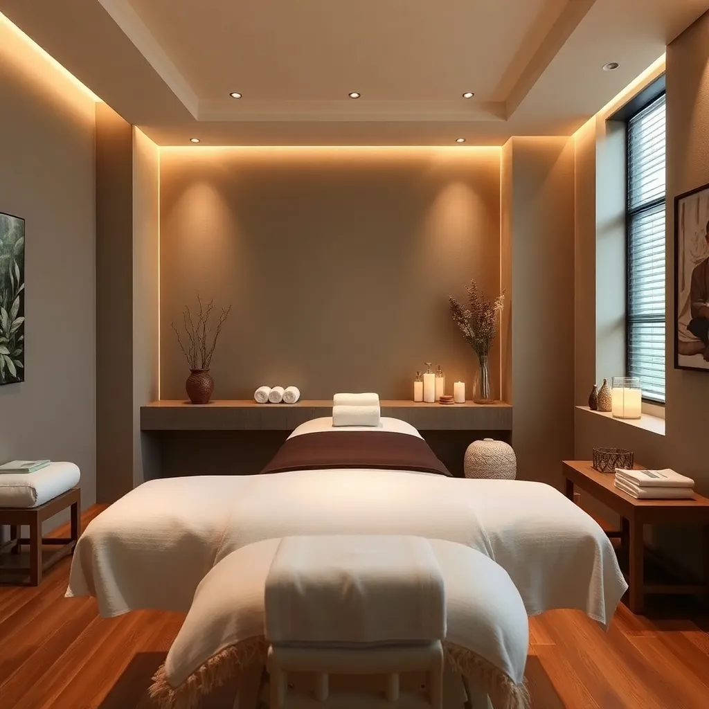 Luxury spa treatment room with massage table, soft lighting, and relaxation amenities
