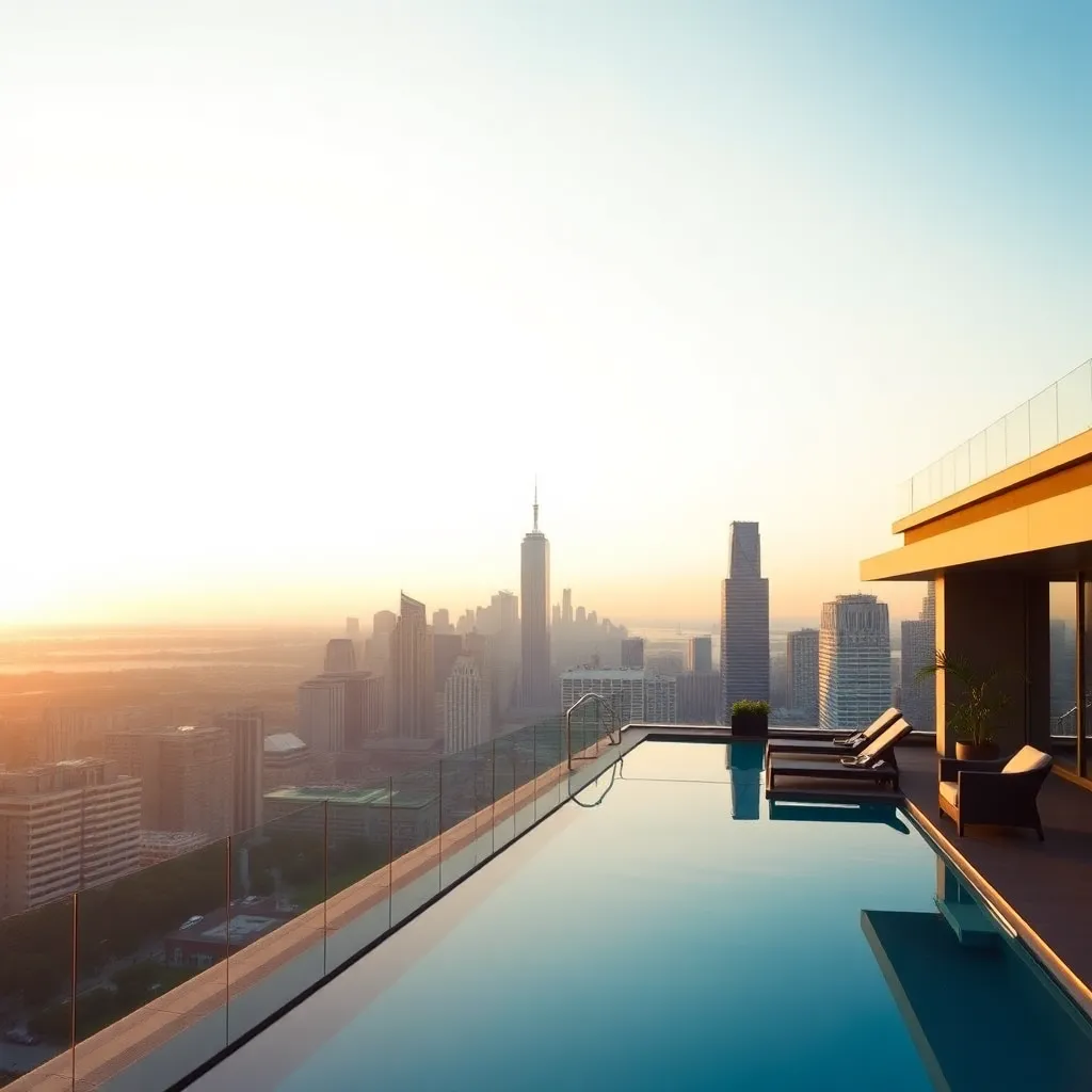 Rooftop infinity pool overlooking city skyline at golden hour with lounge chairs