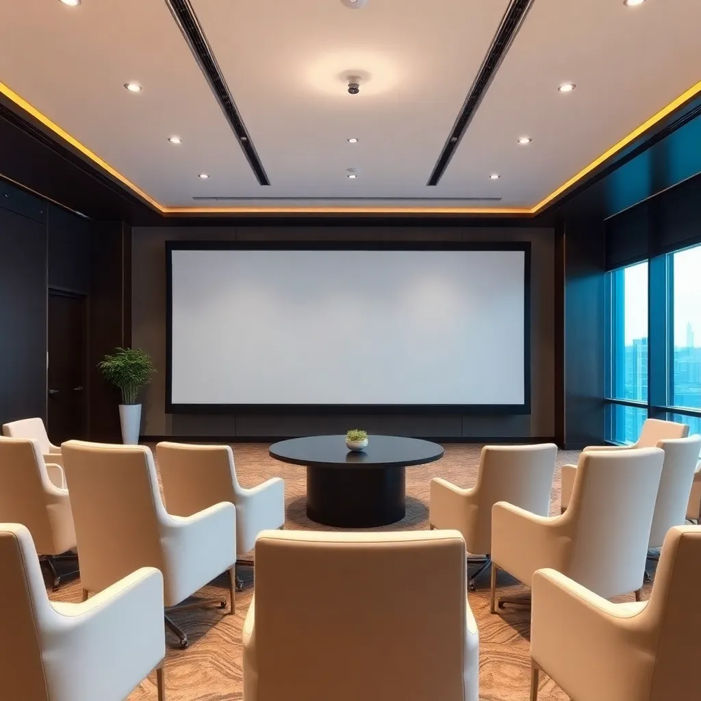 Modern hotel conference room with large screen, comfortable seating, and natural lighting