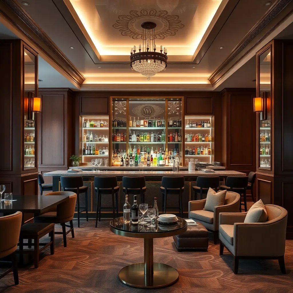 Hotel bar area with sophisticated decor, premium spirits display, and cozy seating