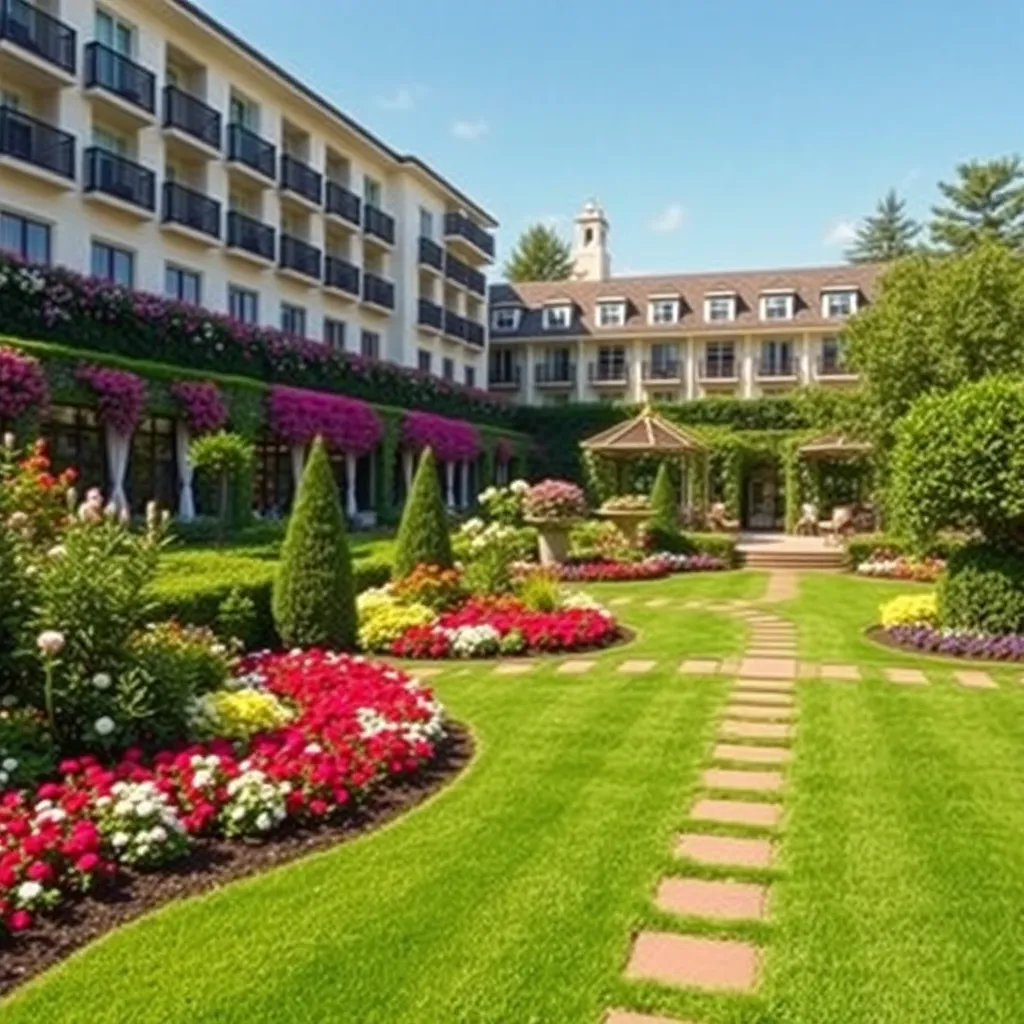 Beautiful hotel garden with manicured lawns, flowering plants, and walking paths