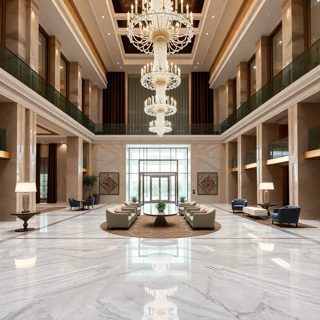 Luxury hotel lobby with elegant marble floors, crystal chandeliers, and modern seating arrangements